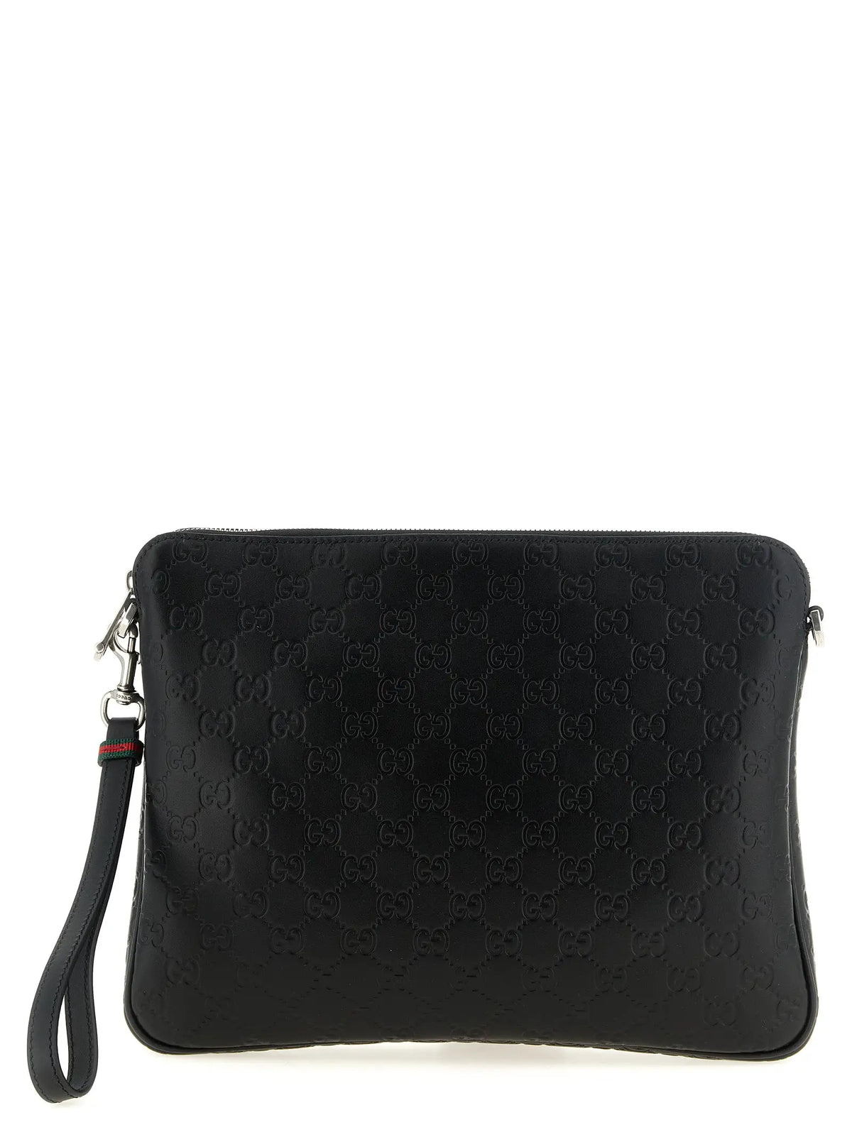 Sac bandoulière gucci noir en cuir de veau embossé gg supreme avec pochette et bracelet pour poignet