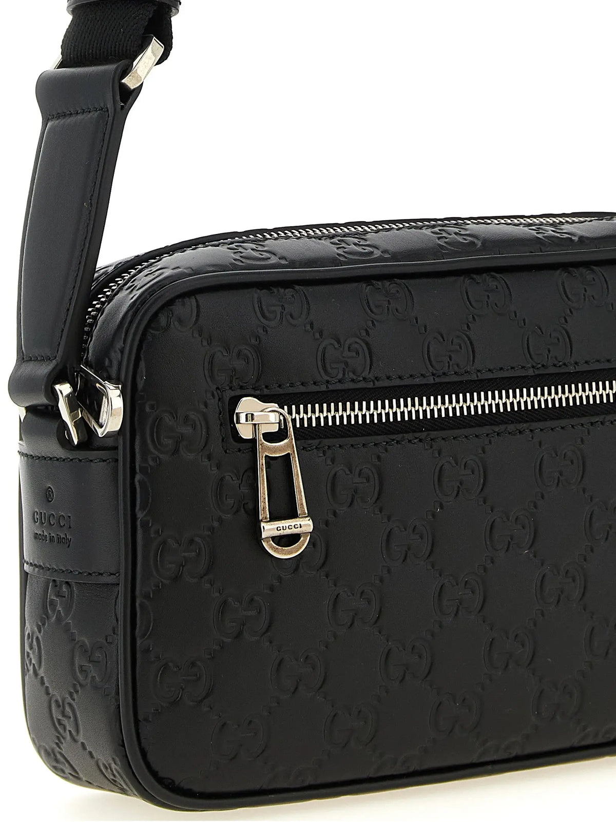 Sac bandoulière Gucci noir en cuir de veau avec motif logo GG embossé et ferrures argentées