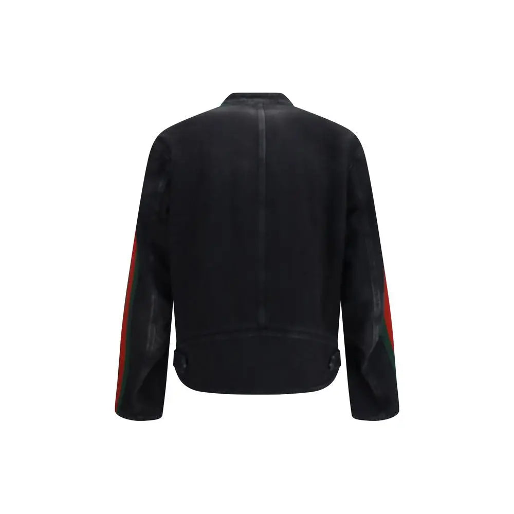 Veste biker gucci noire en coton avec accents rayés rouges et verts sur les manches en cuir noir