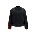 Veste motard gucci en coton noir avec accents rayés verts et rouges sur les épaules et manches