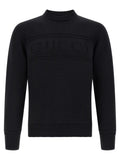 Cardigan gucci noir en coton avec col rond côtelé et logo gucci embossé sur la poitrine