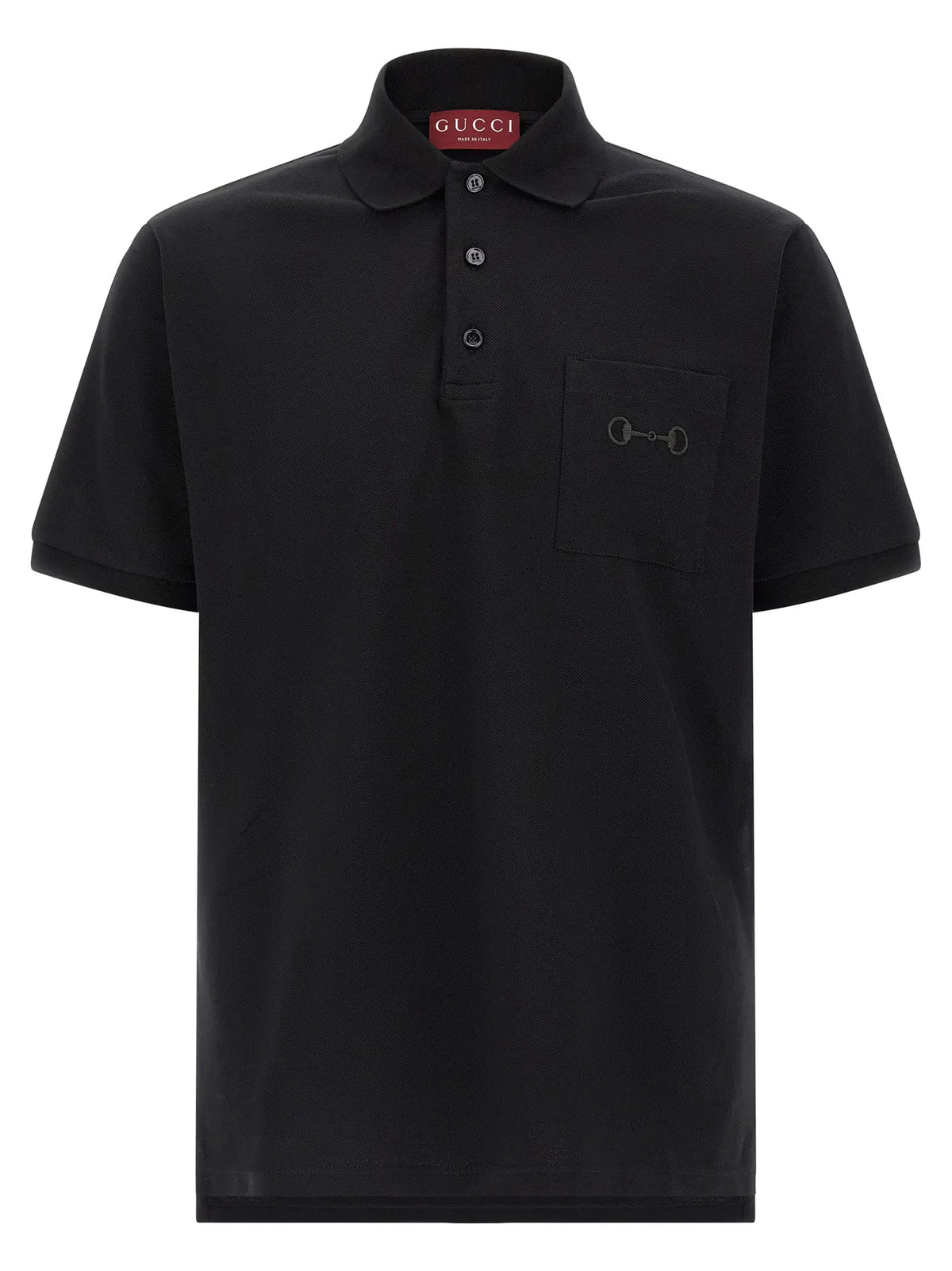 Polo gucci noir en coton avec logo cheval subtil sur la poche poitrine et boutons assortis
