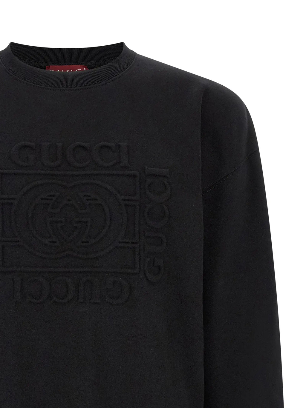 Sweatshirt gucci noir en coton avec logo embossé et interlock gs en relief sur la poitrine