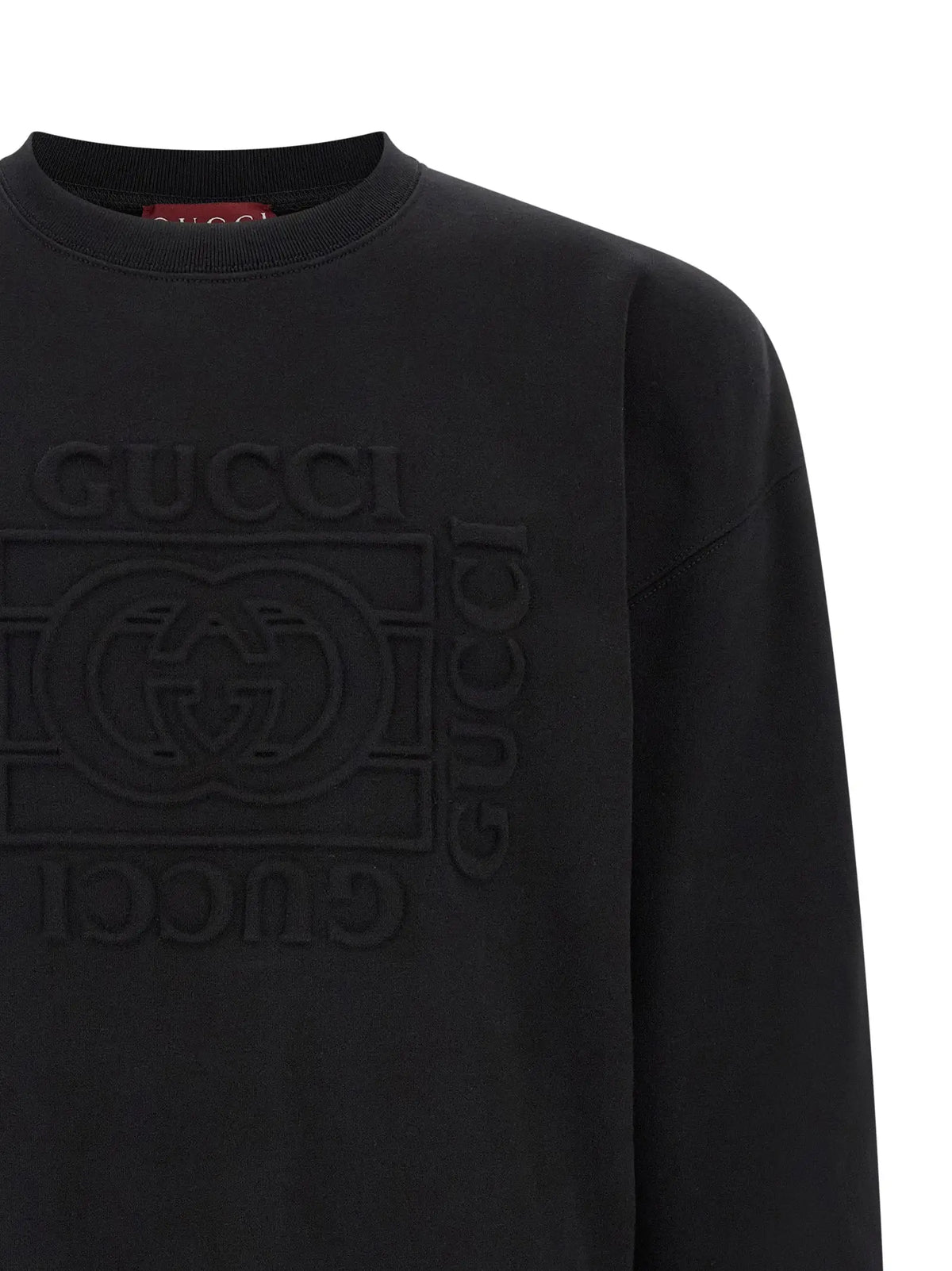 Sweatshirt gucci noir en coton avec logo embossé et interlock gs en relief sur la poitrine