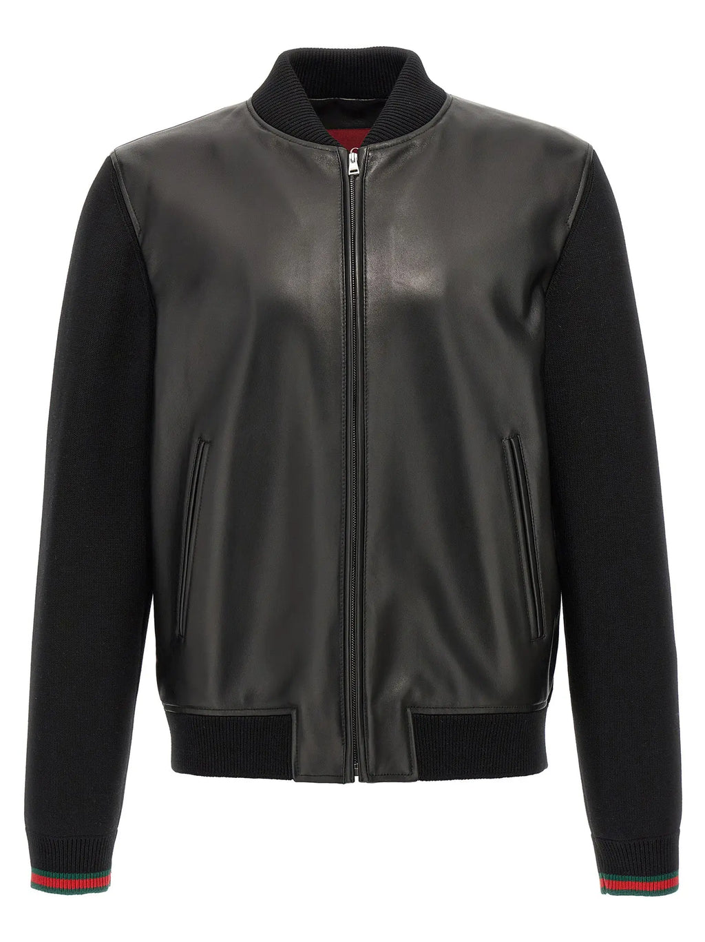 Gucci veste bomber en cuir dagneau noir avec col, poignets et ourlet en maille côtelée rayée rouge et vert