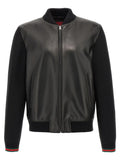 Gucci veste bomber en cuir dagneau noir avec col, poignets et ourlet en maille côtelée rayée rouge et vert