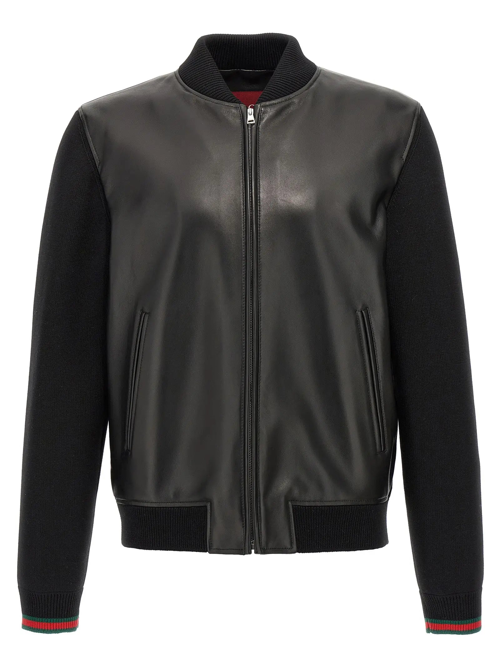 Gucci veste bomber en cuir dagneau noir avec col, poignets et ourlet en maille côtelée rayée rouge et vert