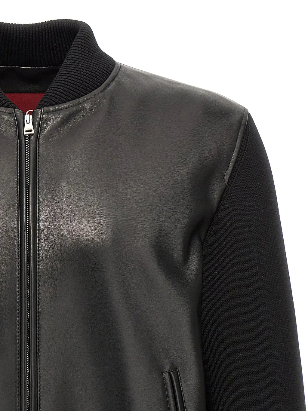 Veste bombers gucci en cuir d’agneau noir avec col et manches en maille côtelée