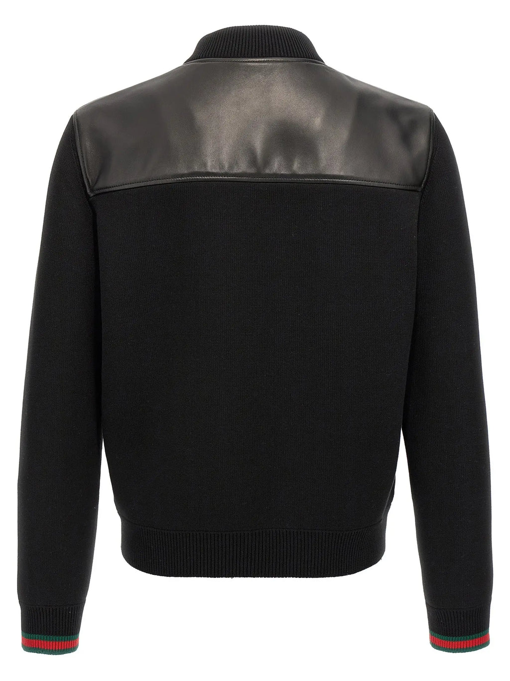 Veste bomber gucci noire en cuir dagneau avec panneaux en cuir aux épaules et poignets côtelés aux rayures rouges et vertes