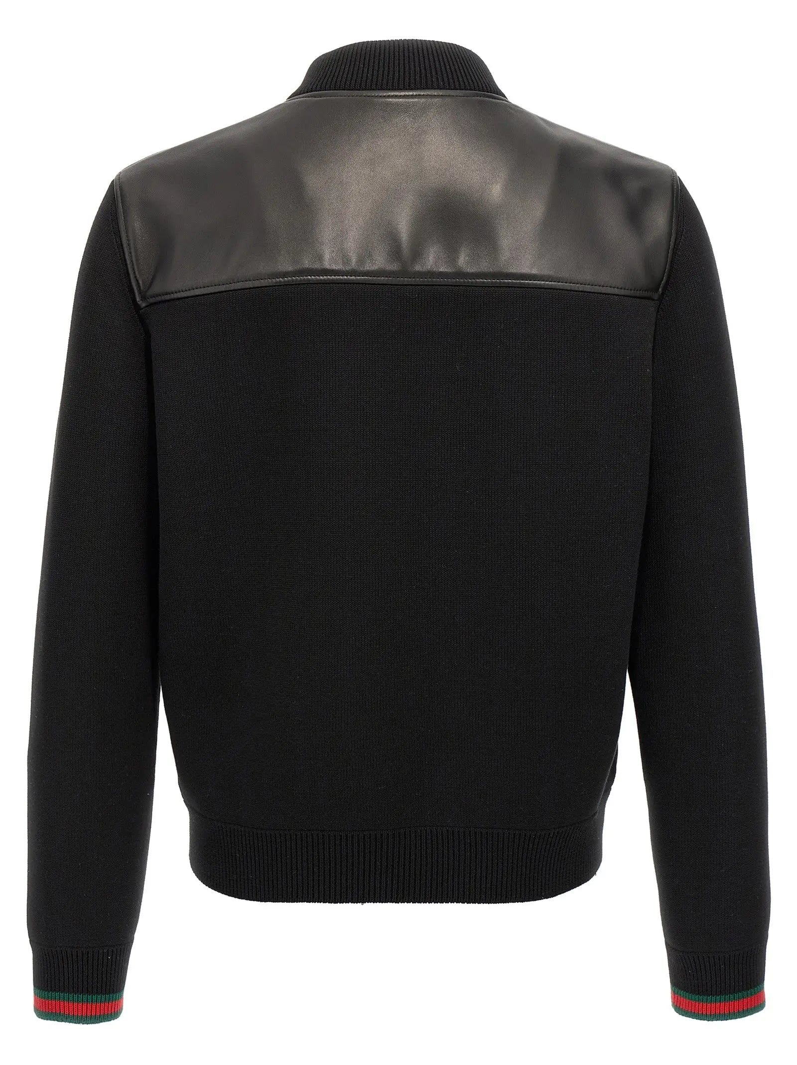 Veste bomber gucci noire en cuir dagneau avec panneaux en cuir aux épaules et poignets côtelés aux rayures rouges et vertes