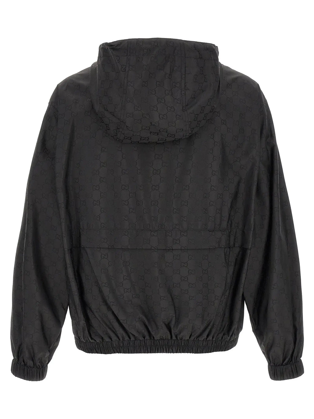 Veste gucci noire en polyamide avec capuche et motif monogramme discret sur lensemble du tissu