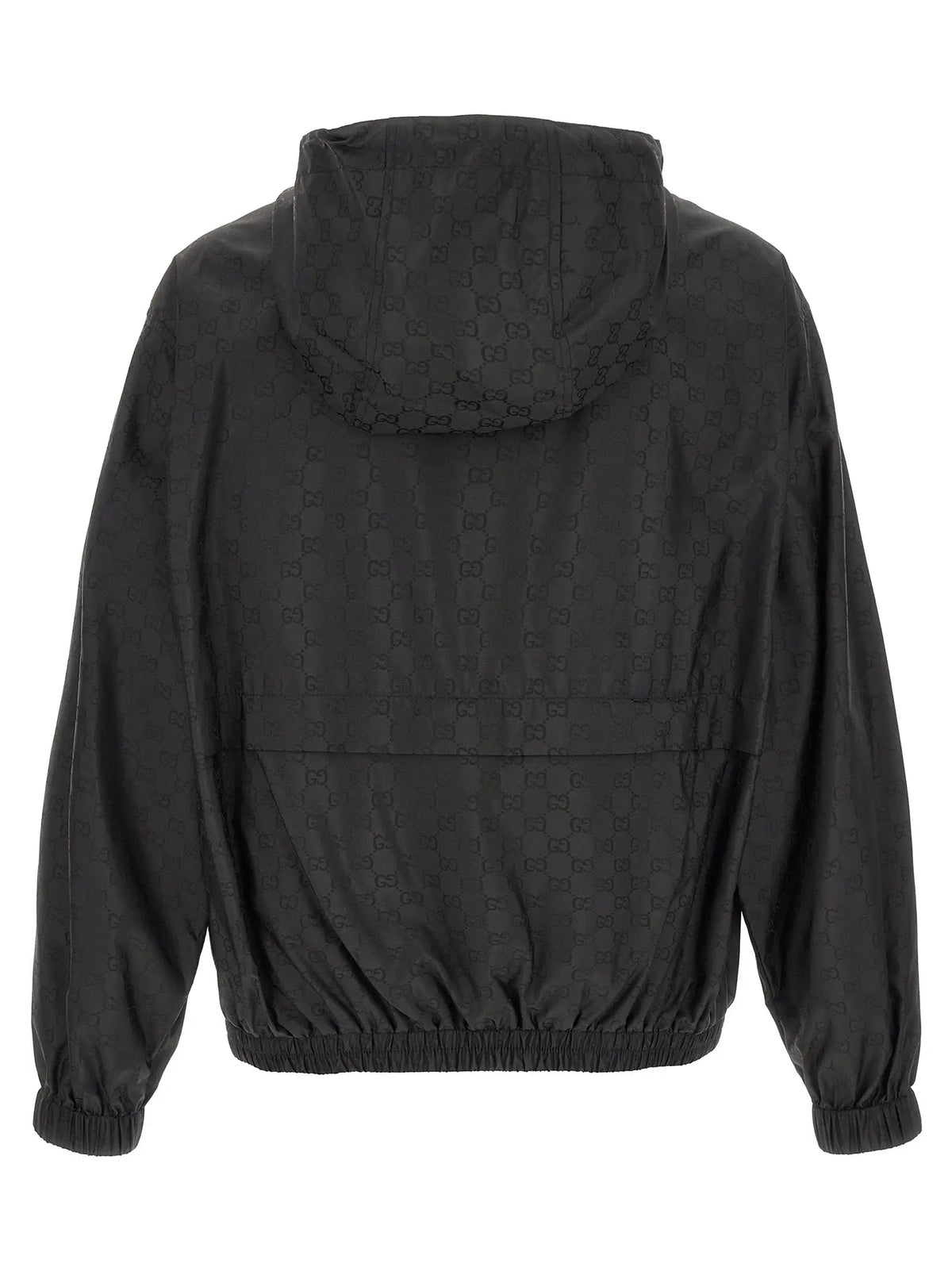 Veste gucci noire en polyamide avec capuche et motif monogramme discret sur lensemble du tissu