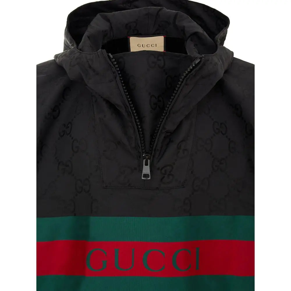 Gucci black polyester trench coat with gg logo pattern and green red stripes featuring gucci lettering