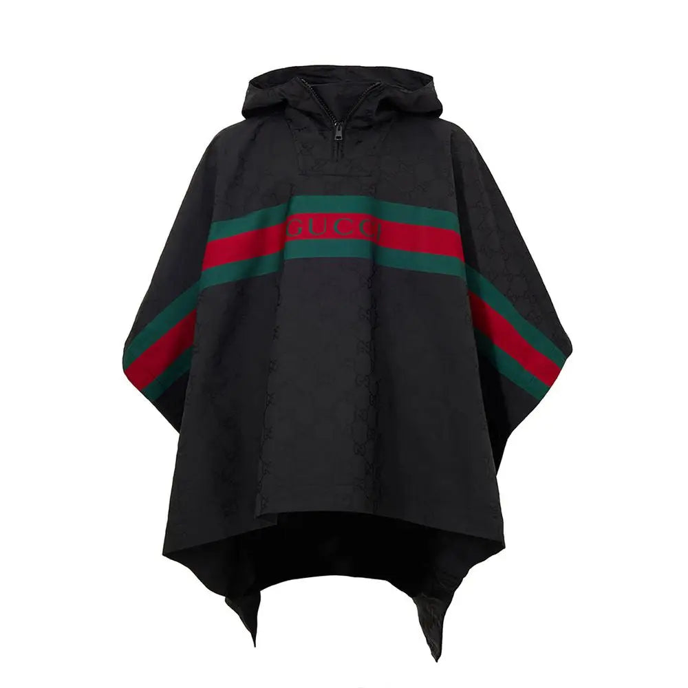 Poncho à capuche noir gucci en polyester avec bandes rouges et vertes sur la poitrine