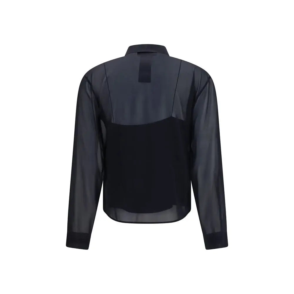 Vue de dos de la blouse gucci en soie noire avec un panneau noir solide et manches longues en tissu transparent