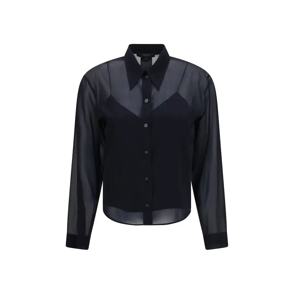 Blouse gucci en soie noire transparente avec col noir uni et fermeture boutonnée sur le devant