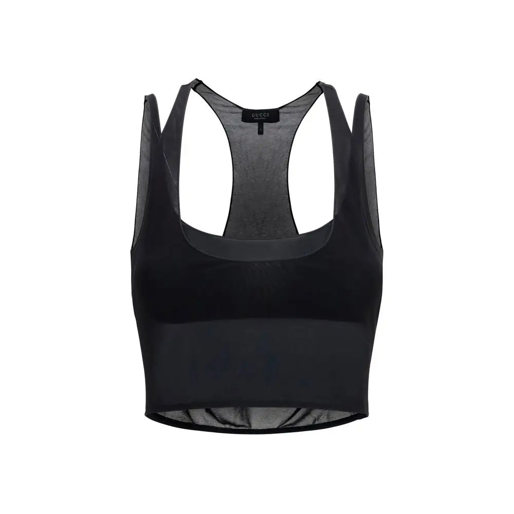 Gucci blouse noire en viscose avec corsage en tissu uni et bretelles en mesh transparent
