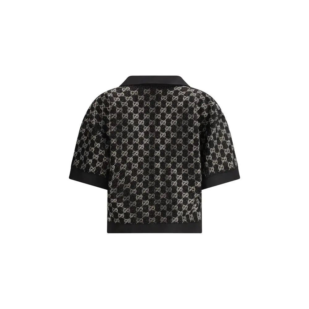 Chemise gucci noire en viscose avec motif logo g argenté entrelacé répétitif sur le tissu