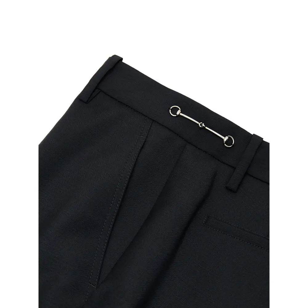 Pantalon tailleur gucci en laine noire avec design structuré et boucle argentée horsebit à la taille