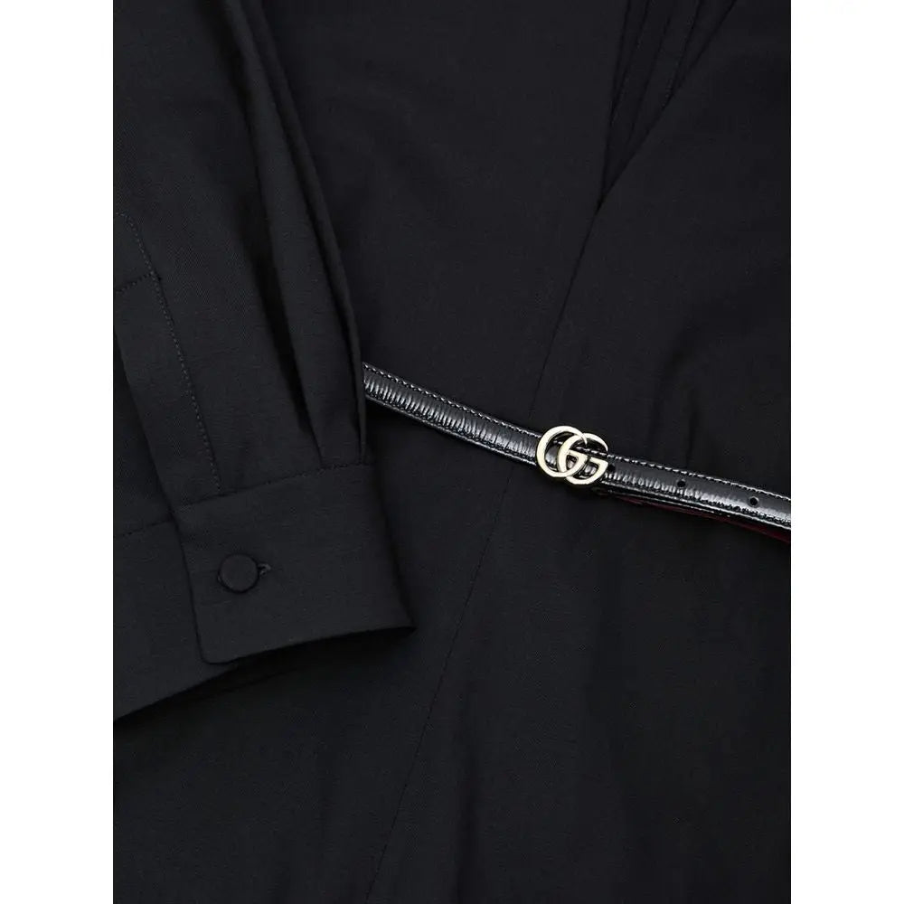 Ceinture en cuir noir avec boucle argentée entrelacée gg pour combi-pantalon en laine noire gucci