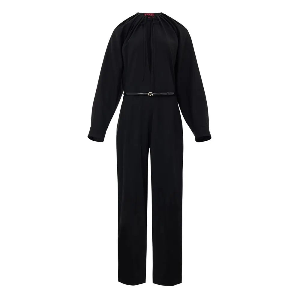 Gucci black wool jumpsuit with long sleeves cinched waist and interlocking gg buckle belt