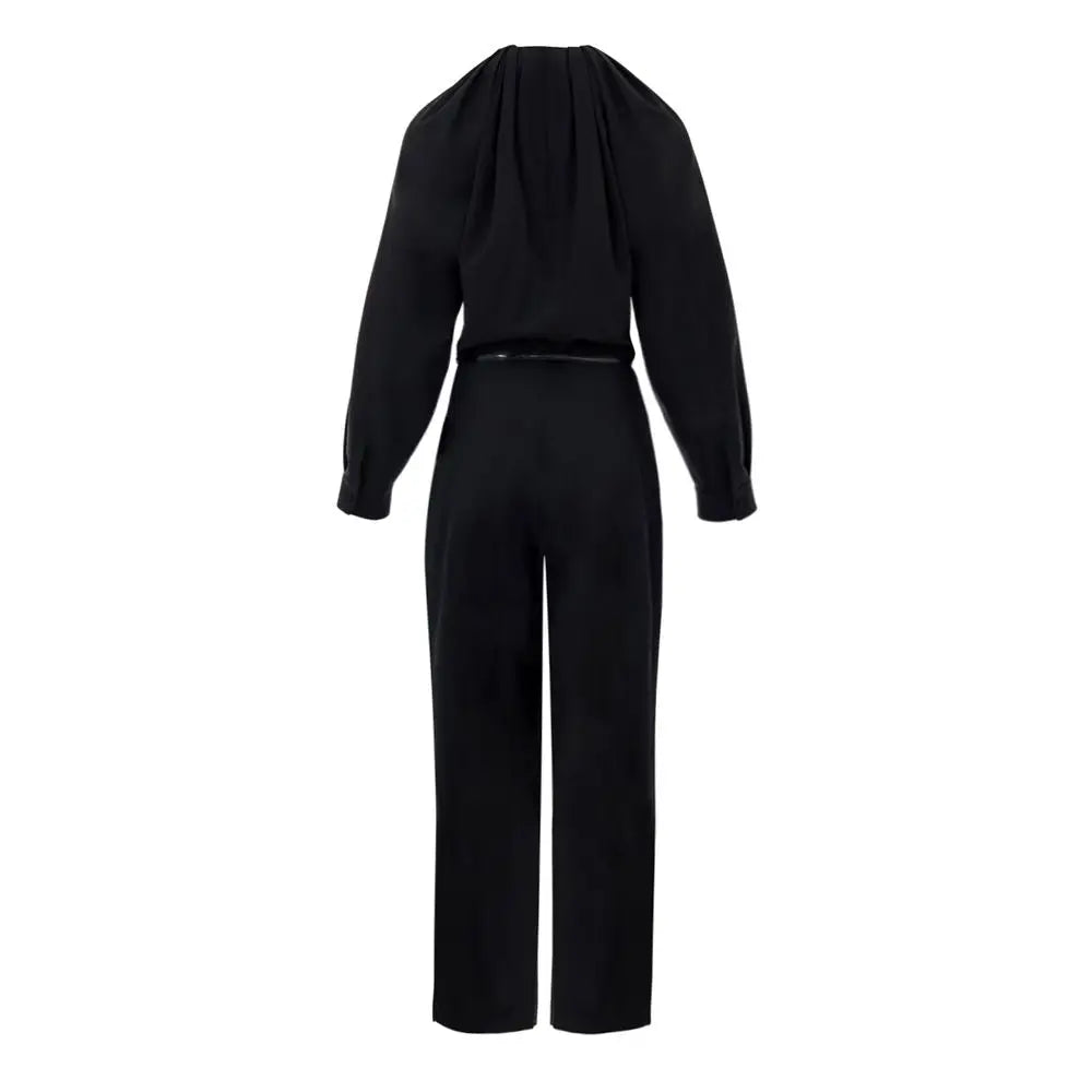 Gucci combinaison noire en satin avec col plissé et pantalon large en laine pour femme