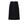Jupe midi en laine noire gucci avec fermeture eclair centrale, poches laterales zippées et ceinture medusa versace dorée