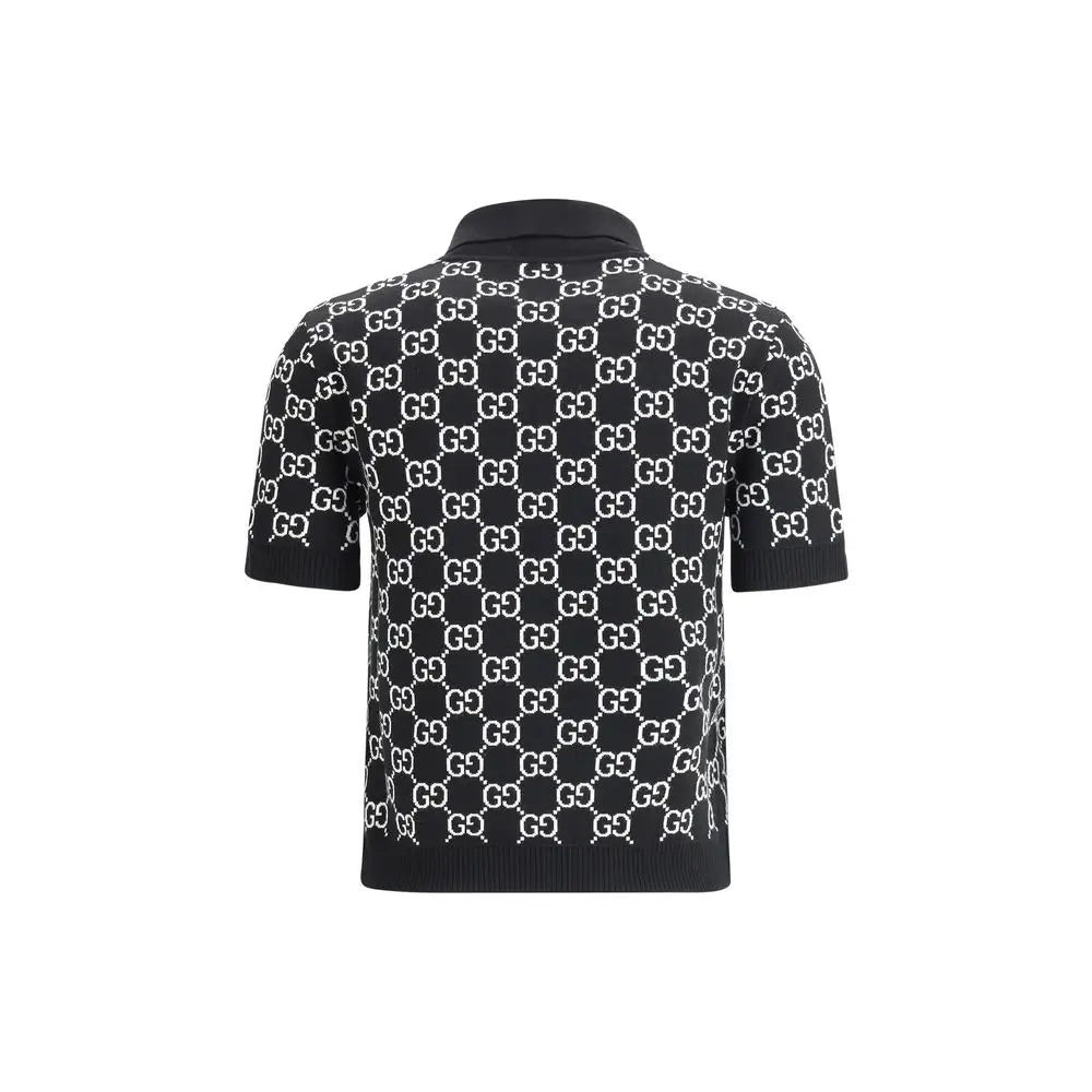 Chemise robe gucci noire en laine avec manches courtes tricotée et motif répété gg blanc au dos