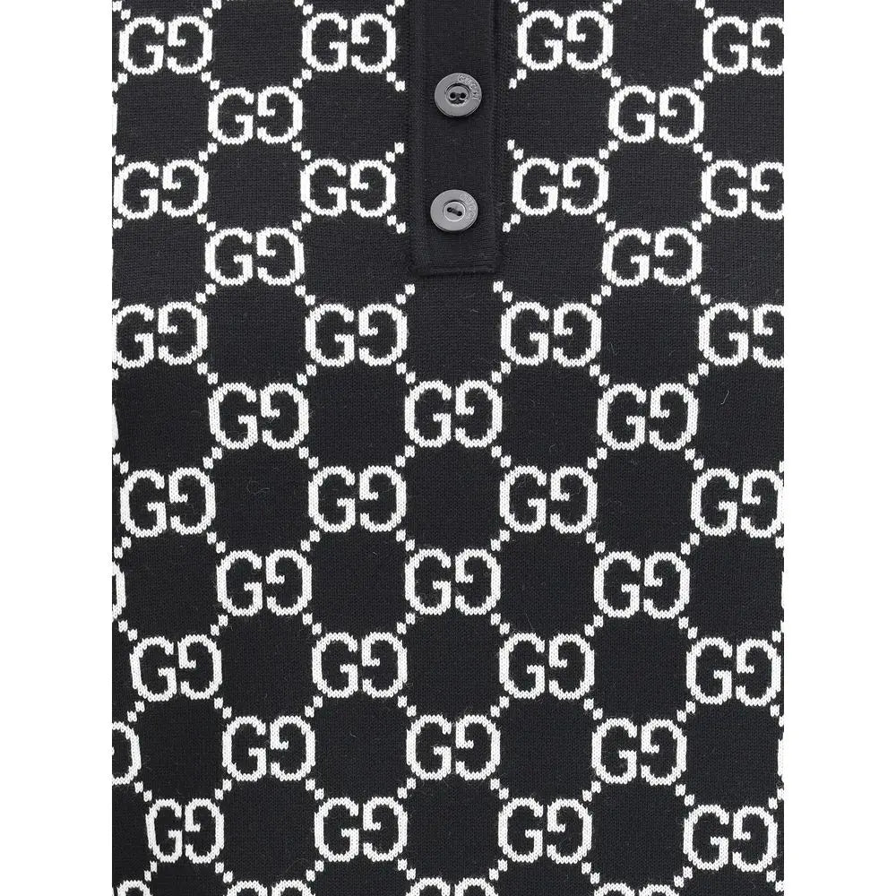 Gucci black wool oves aries dress shirt featuring a black knit polo with repeating white g9 logo pattern and matching buttons