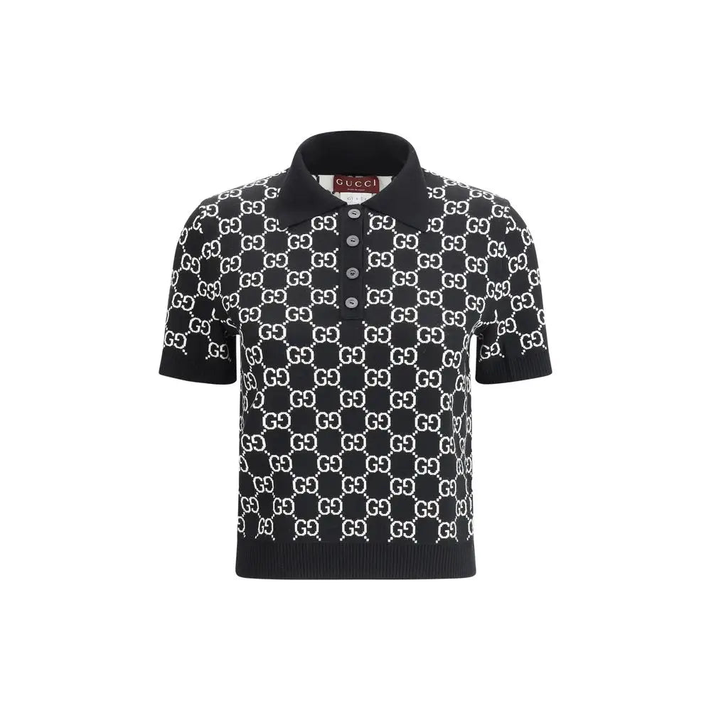 Chemise robe gucci noire en laine avec motif logo gg blanc répété sur le corps et les manches