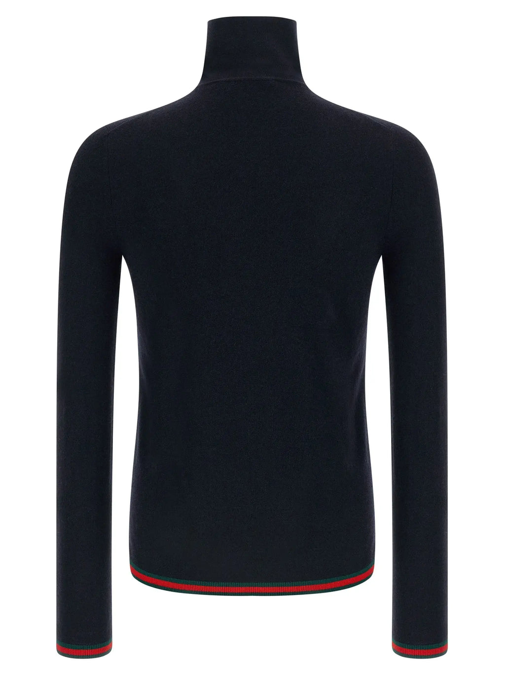 Cardigan gucci bleu en cachemire avec bordures rayées rouges et vertes sur un pull col roulé noir