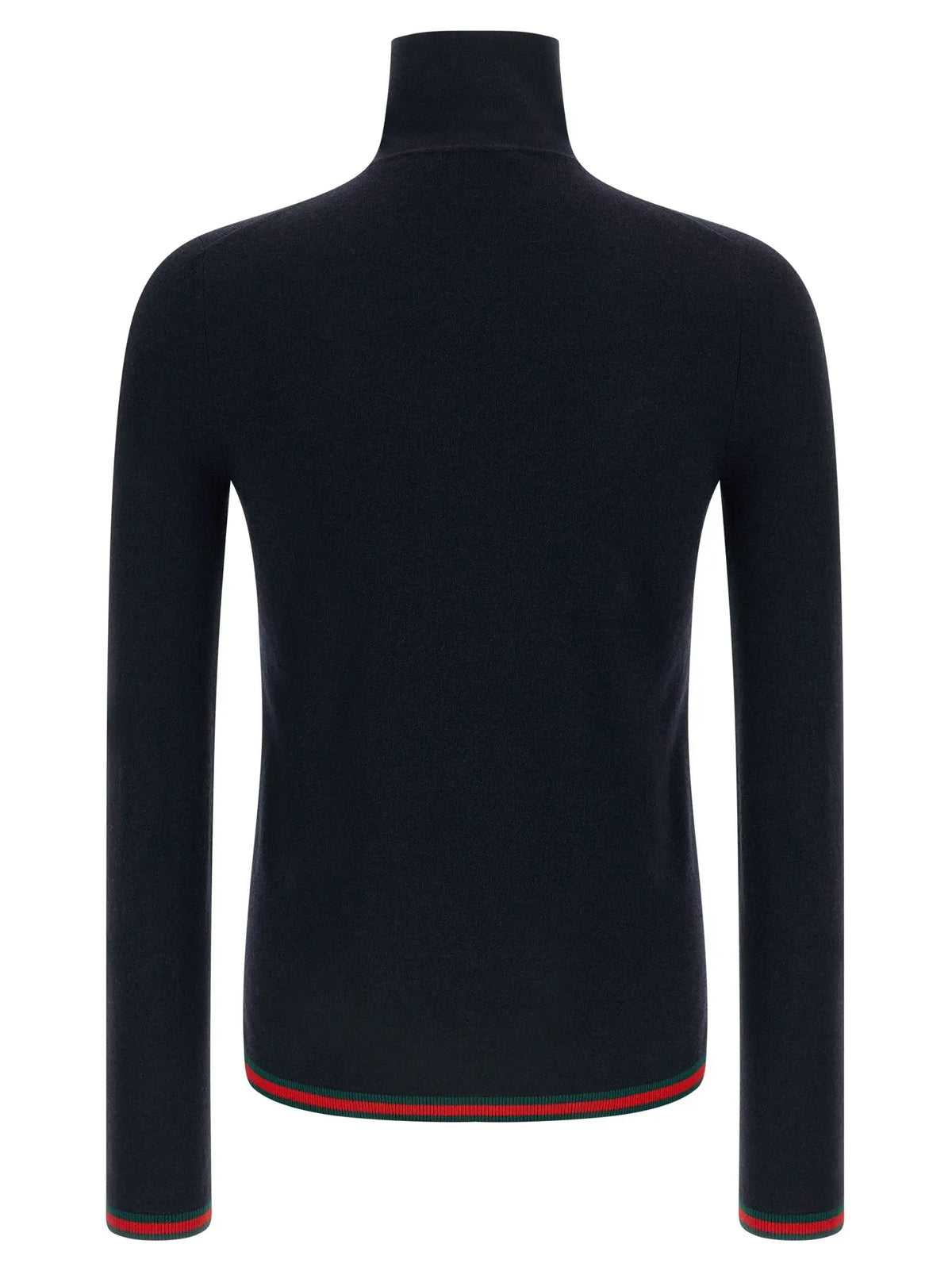 Cardigan gucci bleu en cachemire avec bordures rayées rouges et vertes sur un pull col roulé noir