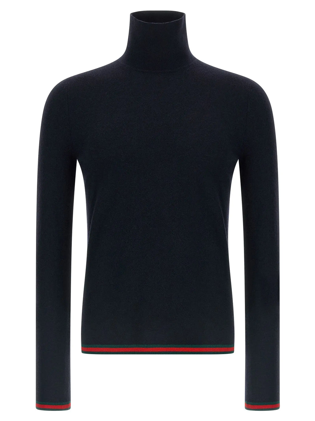 Cardigan gucci bleu en cachemire avec col roulé noir et bordures rayées rouge et vert aux poignets et à l’ourlet