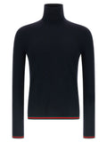 Cardigan gucci bleu en cachemire avec col roulé noir et bordures rayées rouge et vert aux poignets et à l’ourlet