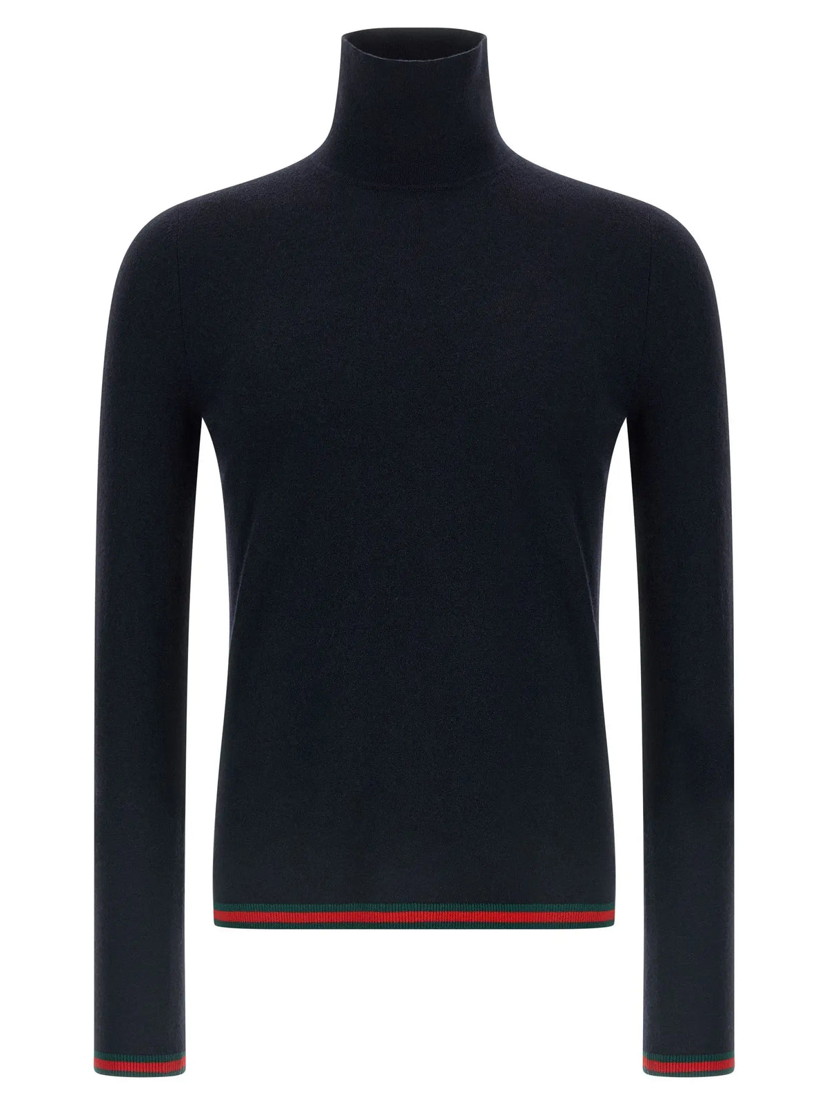 Cardigan gucci bleu en cachemire avec col roulé noir et bordures rayées rouge et vert aux poignets et à l’ourlet
