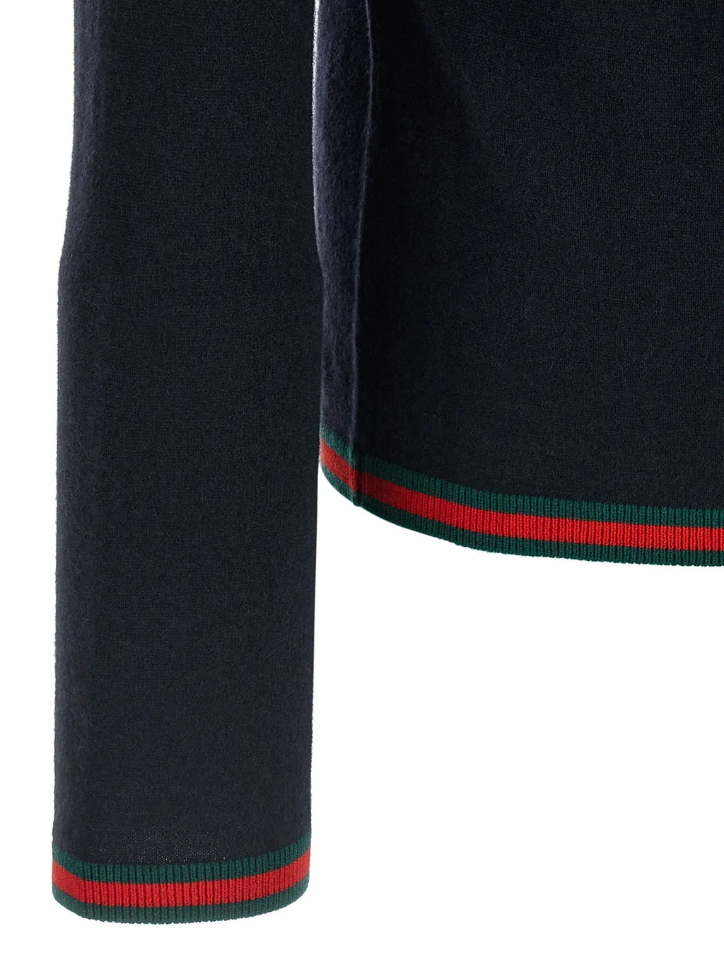 Cardigan gucci bleu en cachemire avec bande rouge et verte signature et poignets et ourlet côtelés en velours bleu marine