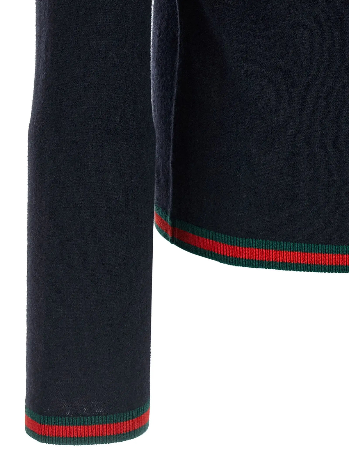 Cardigan gucci bleu en cachemire avec bande rouge et verte signature et poignets et ourlet côtelés en velours bleu marine