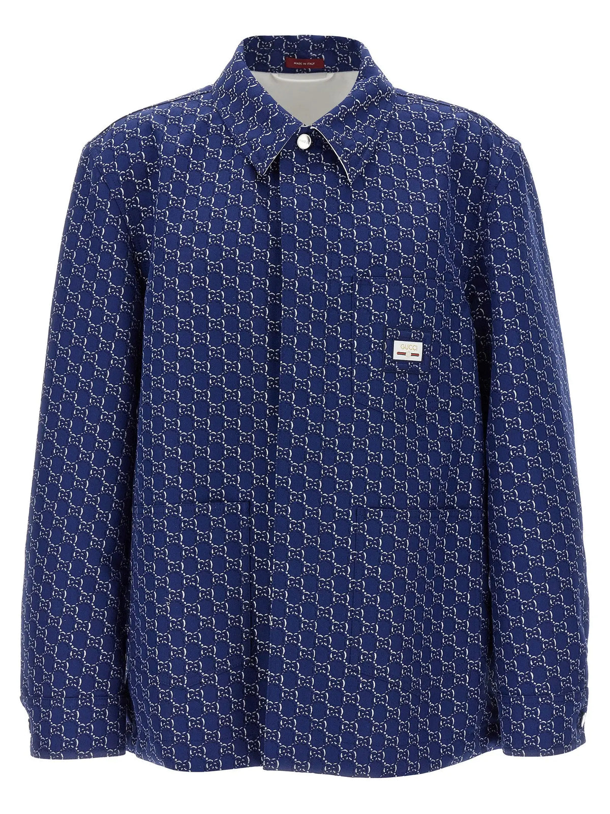 Veste biker gucci bleue en coton avec motif monogramme g entrelacé bleu clair sur fond bleu foncé