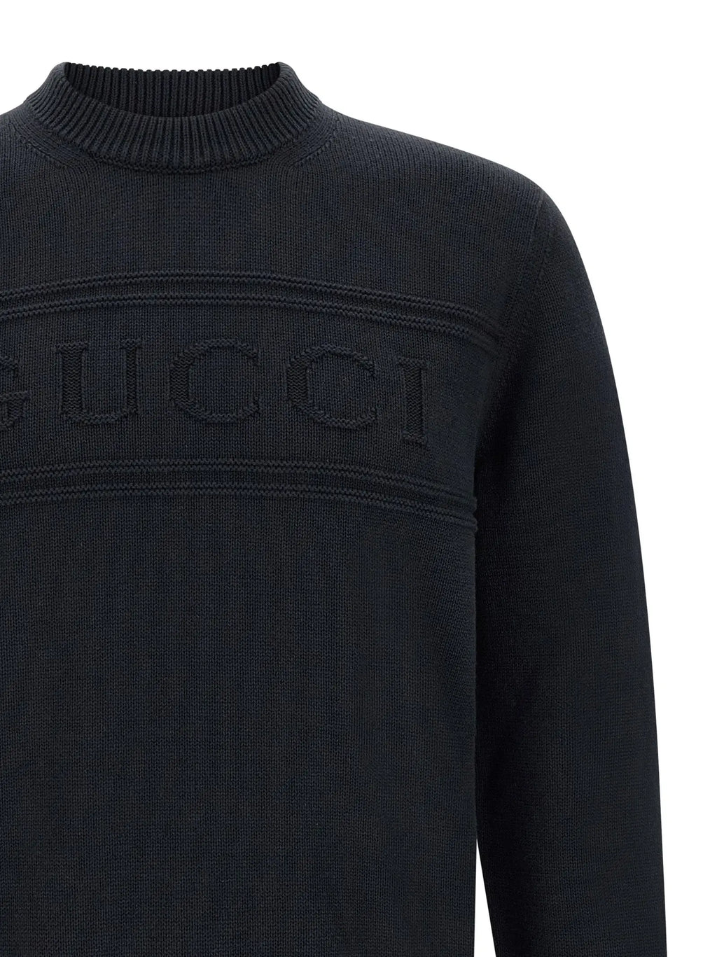 Cardigan en coton bleu gucci avec logo texturé gucci noir en maille et col rond côtelé