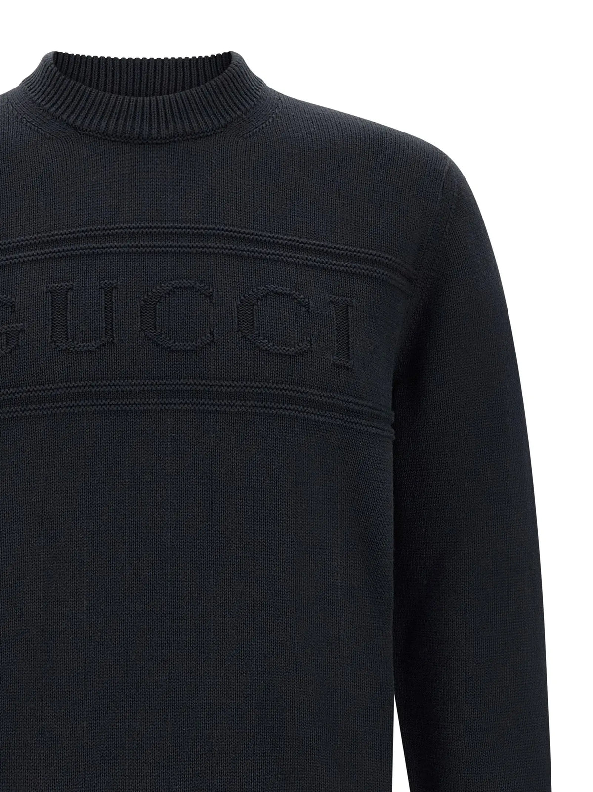 Cardigan en coton bleu gucci avec logo texturé gucci noir en maille et col rond côtelé