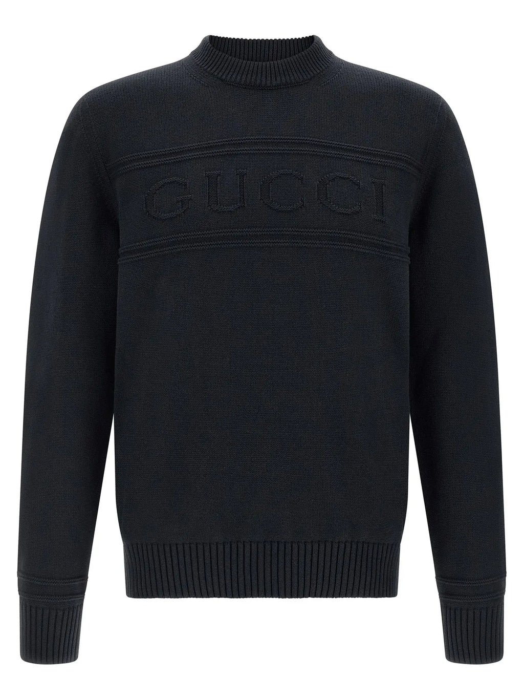 Pull gucci en maille noire avec poignets et ourlet côtelés et logo gucci texturé sur la poitrine en coton