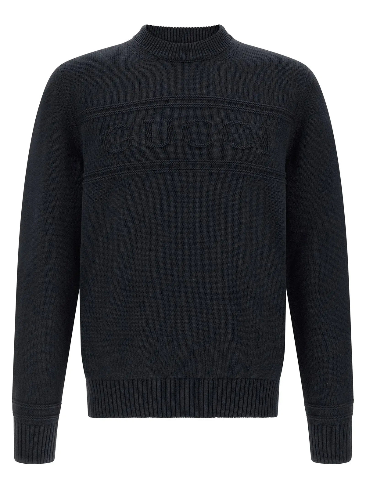 Pull gucci en maille noire avec poignets et ourlet côtelés et logo gucci texturé sur la poitrine en coton