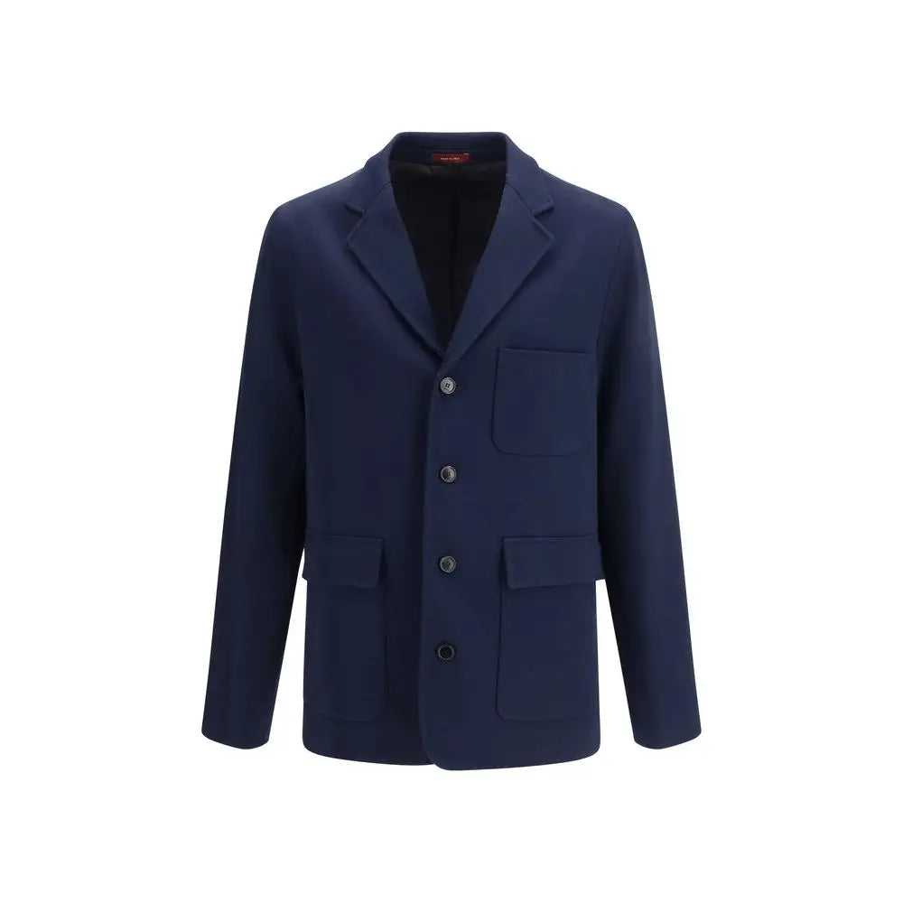 Blazer en laine bleu marine gucci avec trois boutons et deux poches à rabat, veste longue en coton bleu