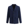 Blazer en laine bleu marine gucci avec trois boutons et deux poches à rabat, veste longue en coton bleu