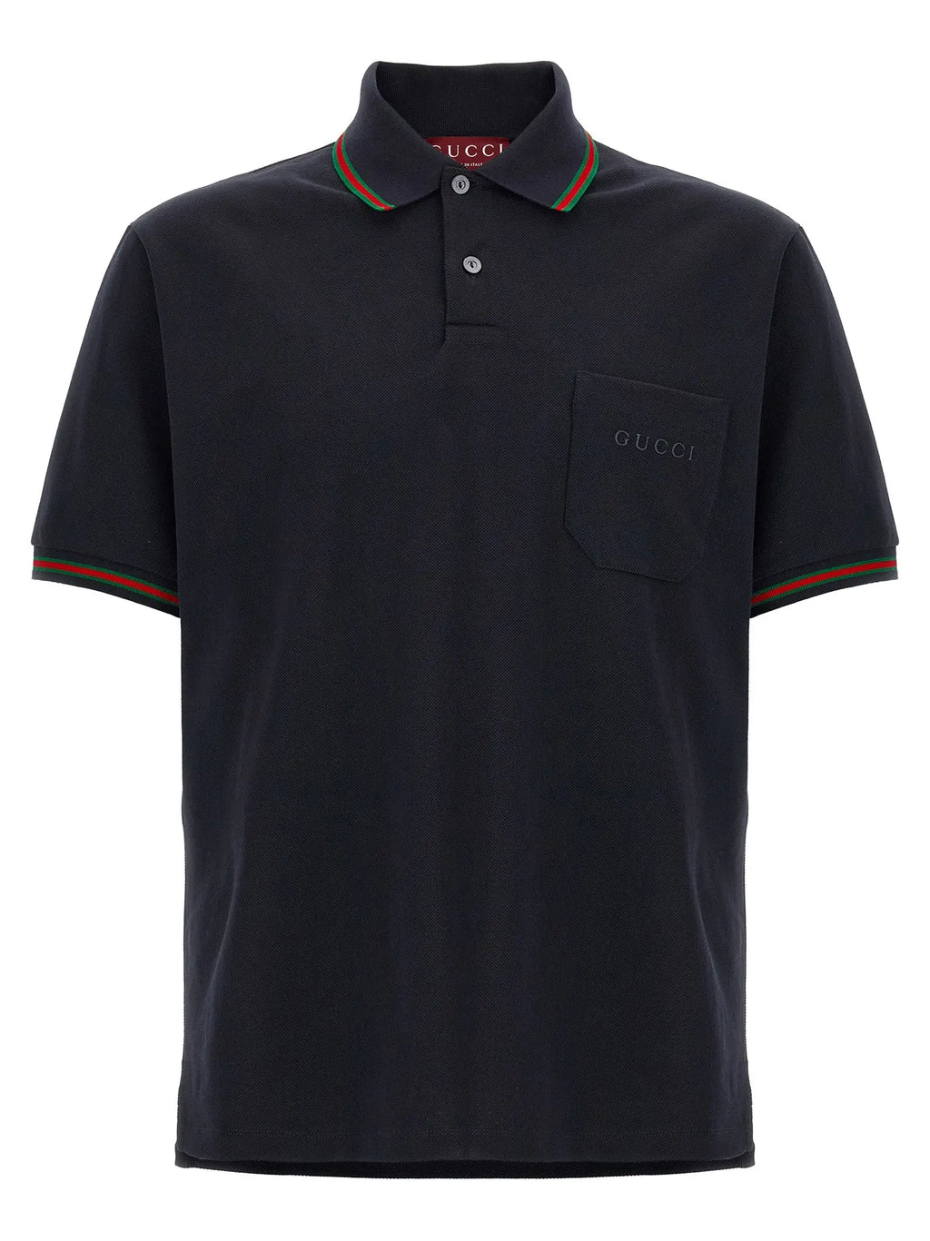 Polo gucci bleu en coton avec bordure rayée rouge et verte et poche poitrine brodée du logo