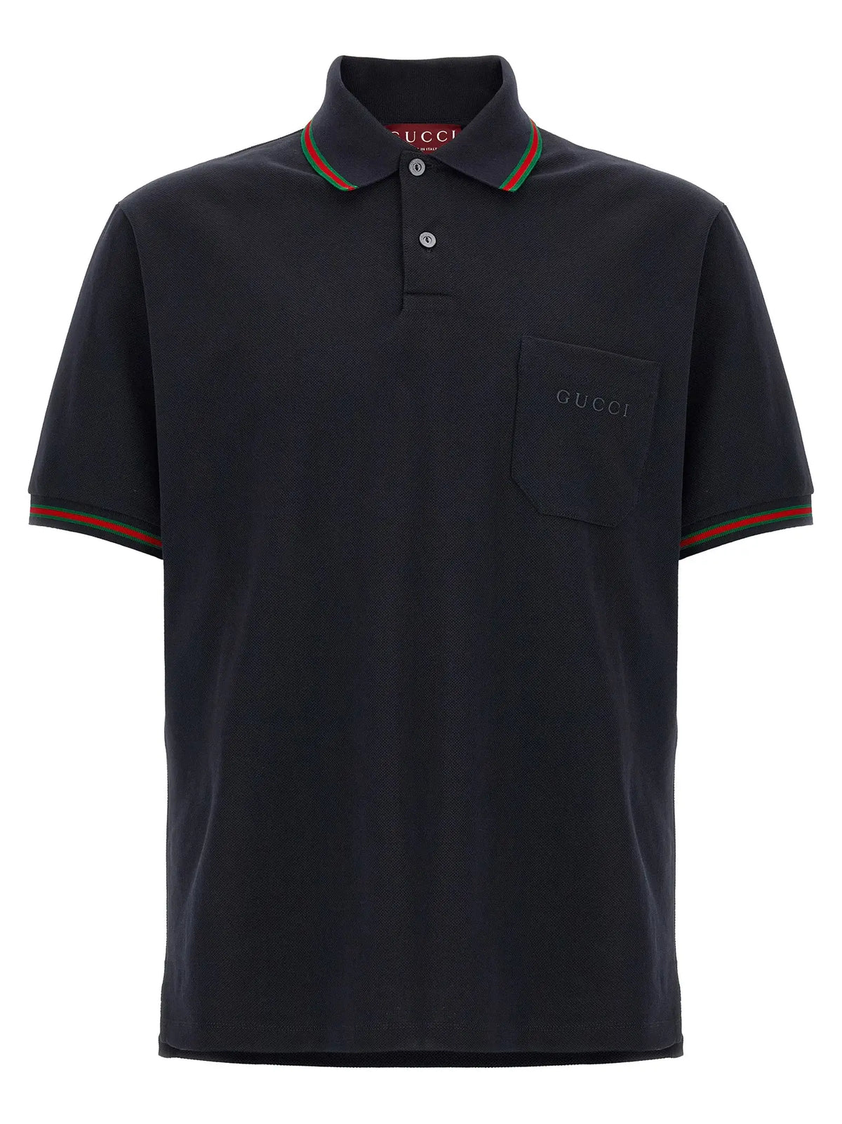 Polo gucci bleu en coton avec bordure rayée rouge et verte et poche poitrine brodée du logo