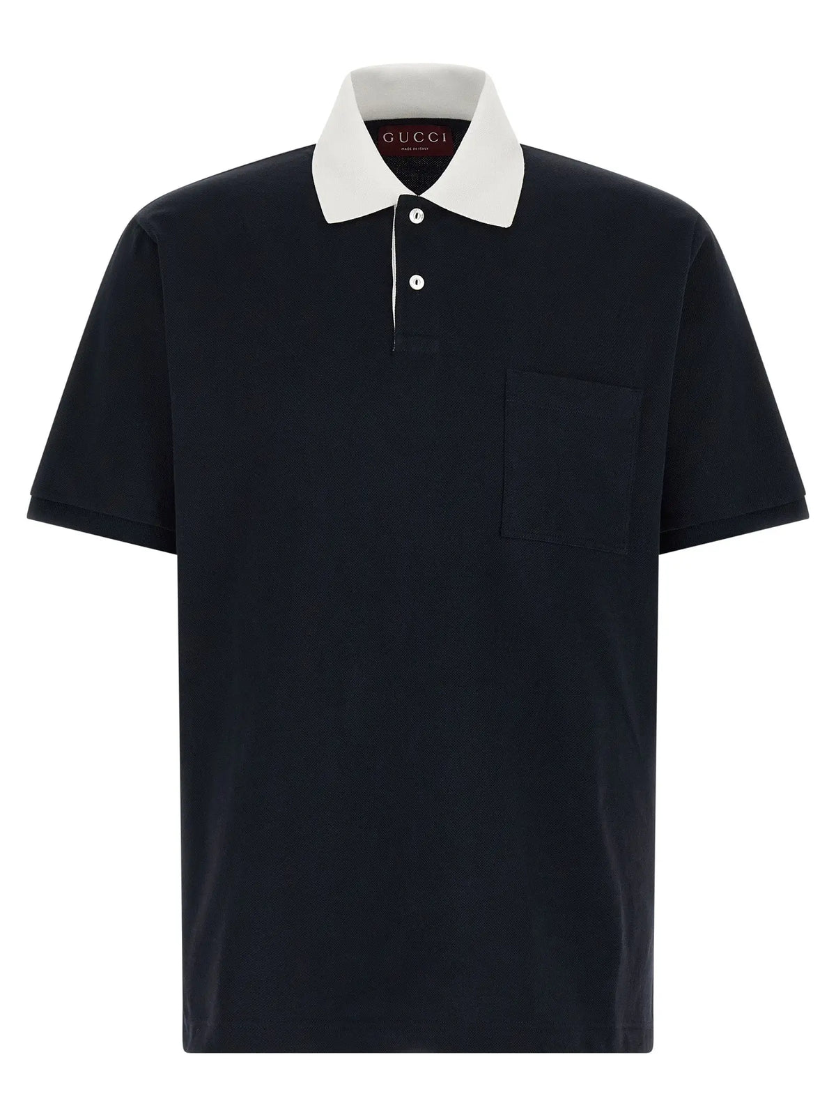 Polo gucci bleu en coton avec col blanc contrastant et poche poitrine vue de face
