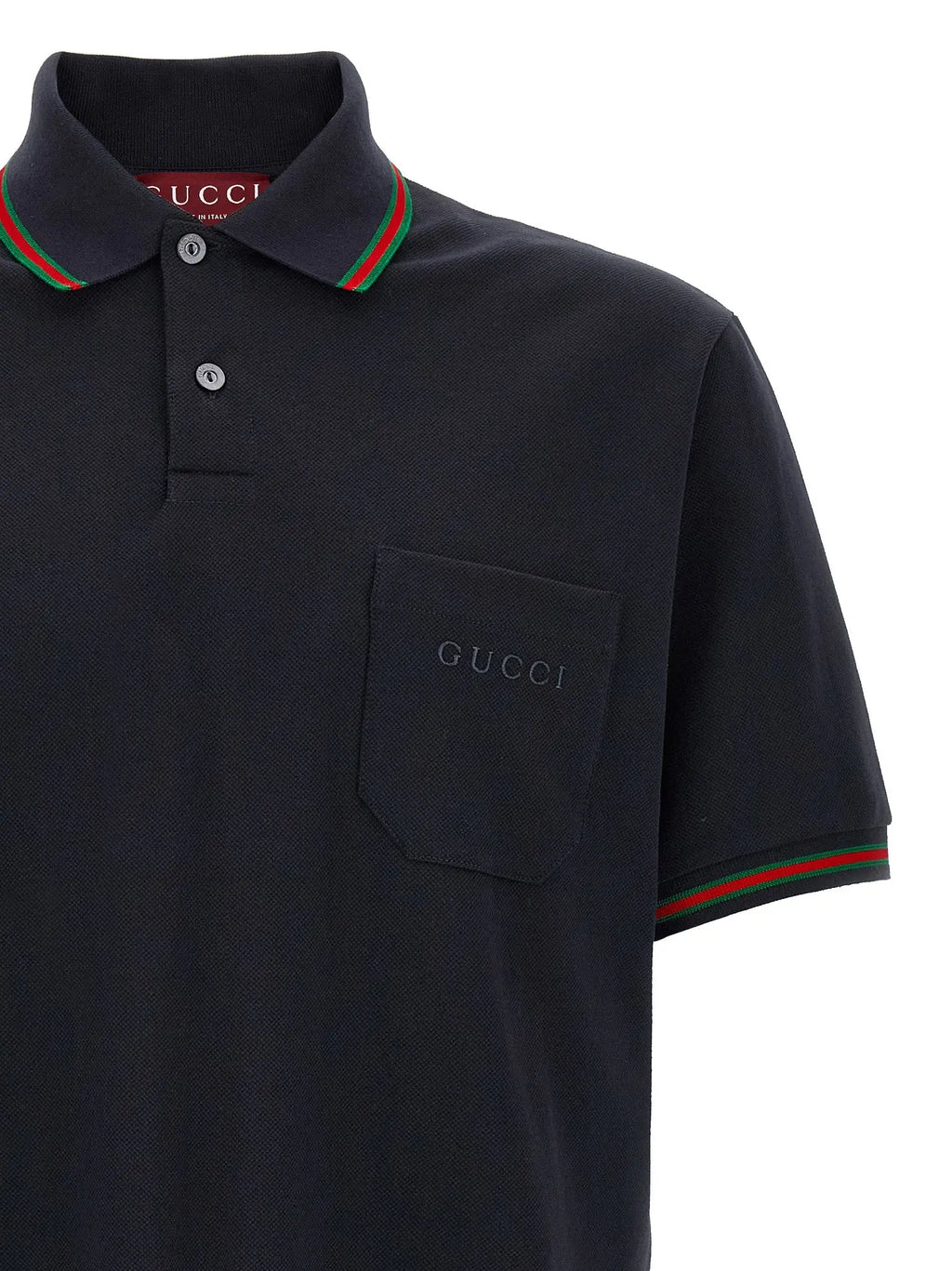 Polo Gucci bleu en coton avec col et manches rayés rouge et vert et poche poitrine brodée