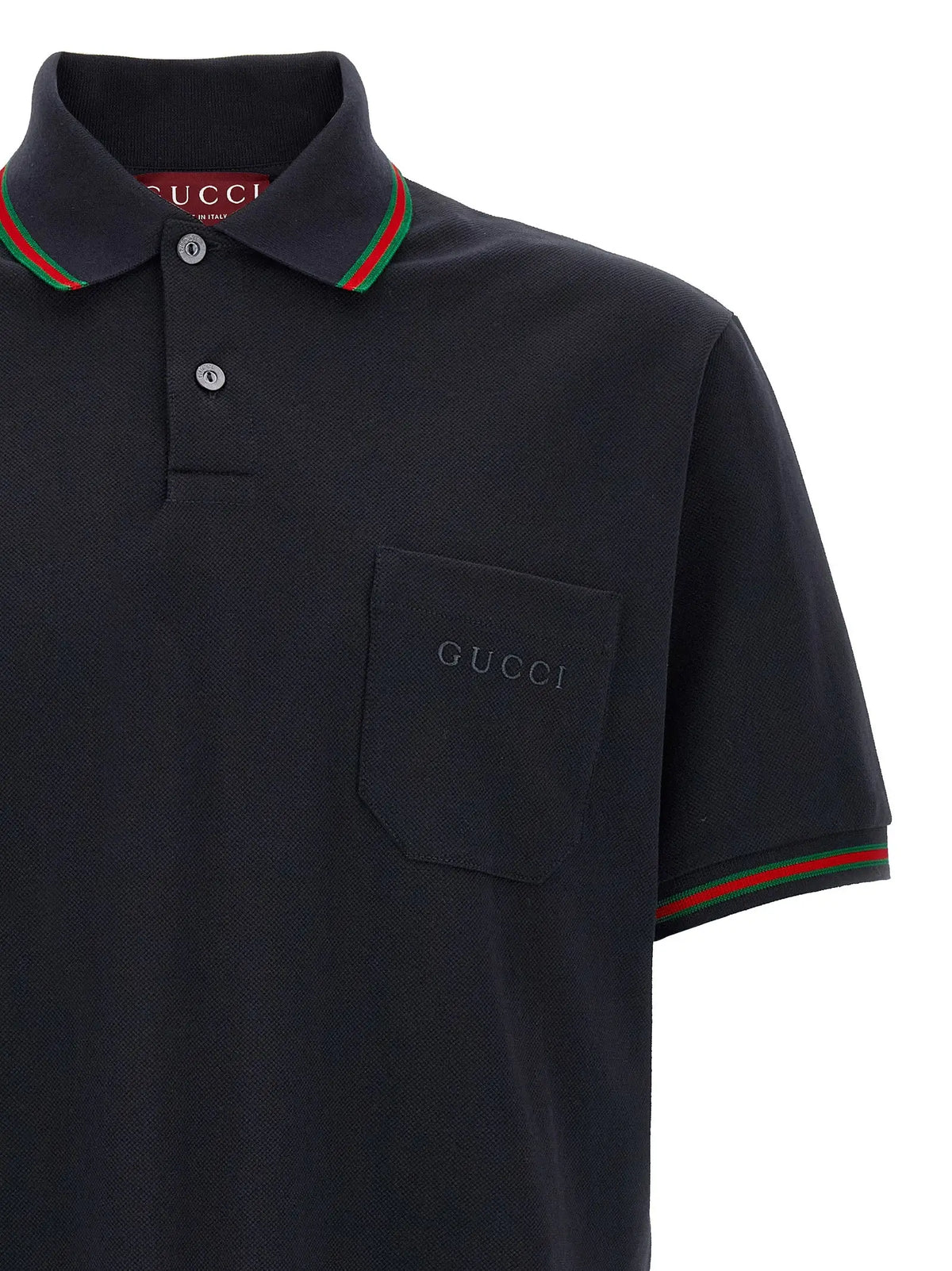 Polo Gucci bleu en coton avec col et manches rayés rouge et vert et poche poitrine brodée