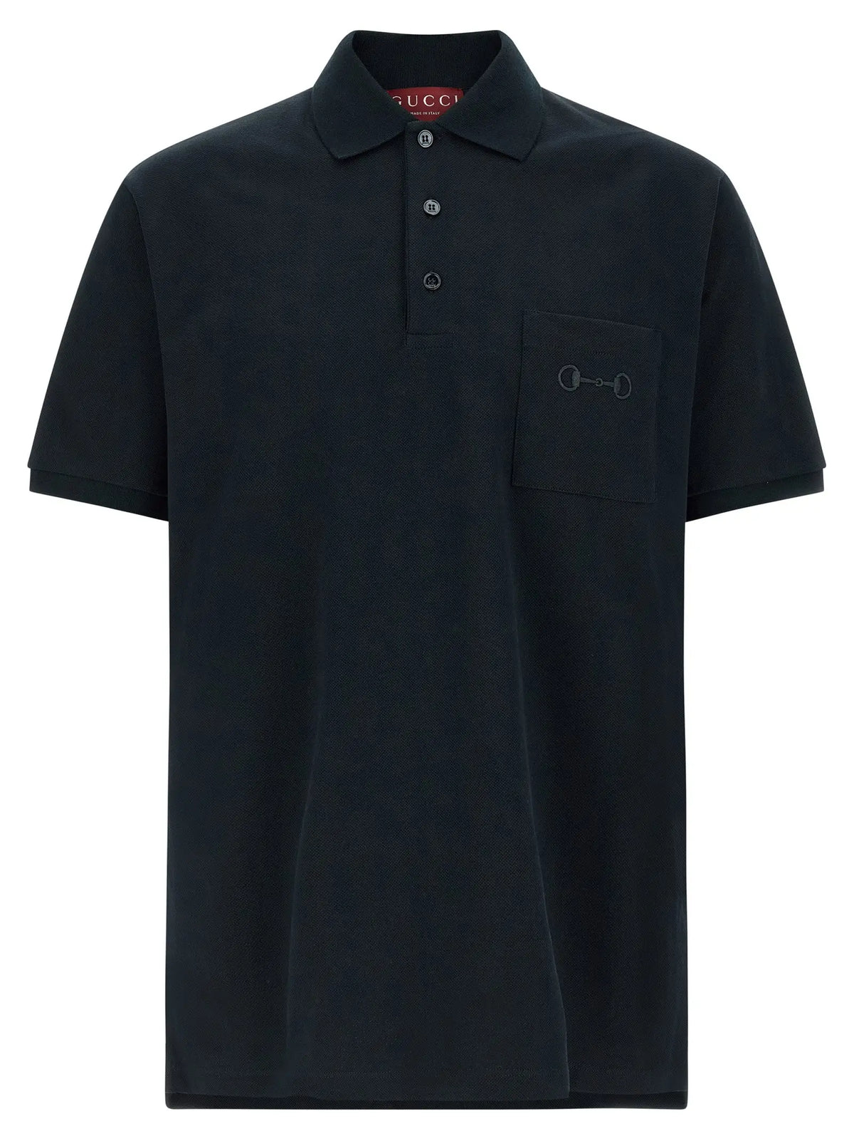 Polo gucci noir en coton avec logo horsebit discret sur la poche poitrine et boutons assortis